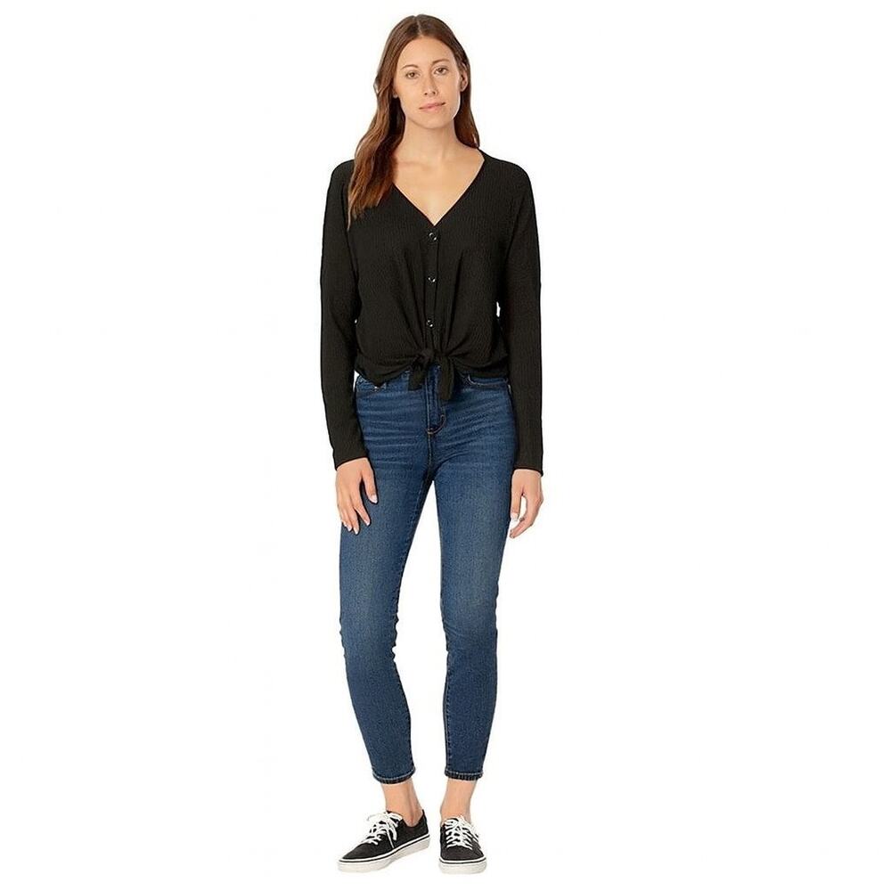 Gibson Womens M Pullover Top Oversize Waffle Knit Stretch Button Front Black